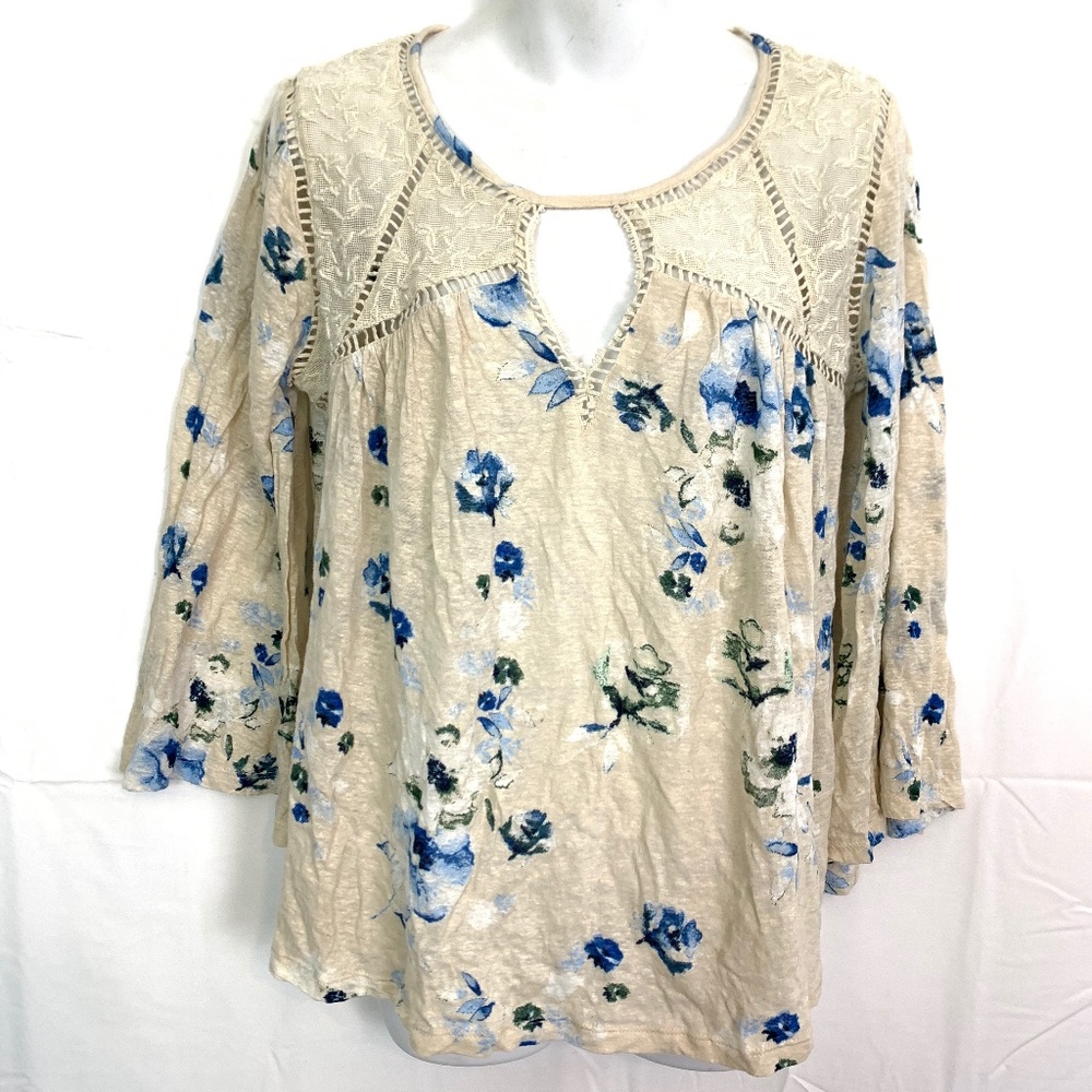 LUCKY BRAND Ivory Blue Linen Crochet Boho Top sz M